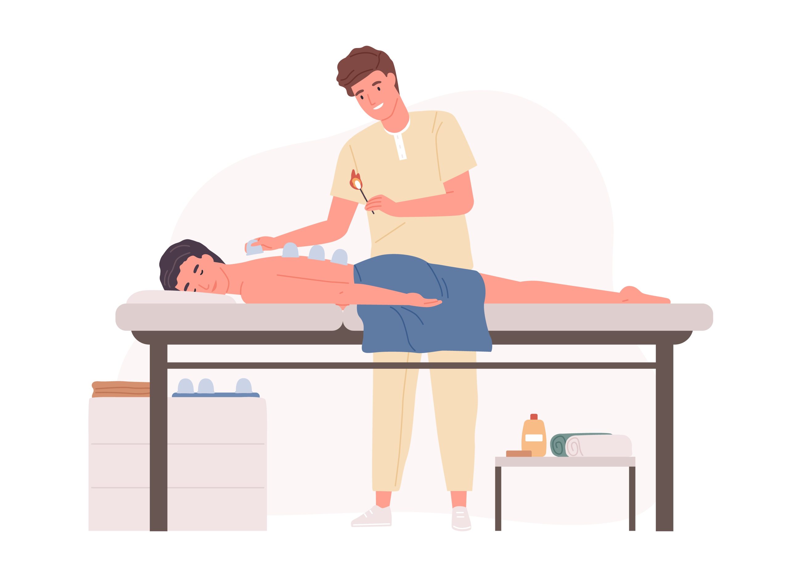 Professional massage therapist practicing vacuum cupping body therapy in salon. Patient enjoying wellness SPA physiotherapy. Colored flat cartoon vector illustration isolated on white background hixhame kupa